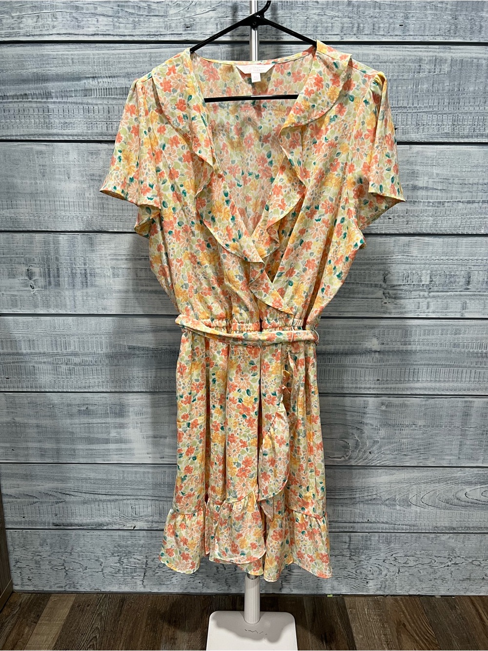 LC Lauren Conrad Peach Floral Ruffle Wrap Dress with Teal Accents